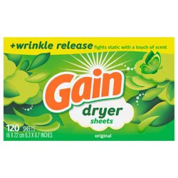 Gain Dryer Sheets, 120 Count, Original Scent Laundry Fabric Softener Sheets With 2-In-1 Aromaboost Plus Softness