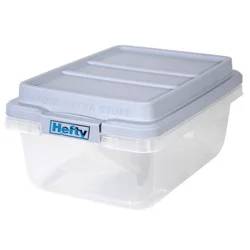 Hefty 18qt Plastic Storage Bin with Gray HI-RISE Stackable Lid: Universal Storage, Locking Handles, Snap Closure