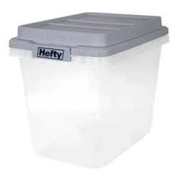 Hefty 32qt Slim Clear Plastic Storage Bin with Gray HI-RISE Stackable Lid: Locking Handles, Universal Utility Totes