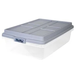 Hefty 40qt Clear Plastic Storage Bin with Gray HI-RISE Stackable Lid: Under Bed Utility Totes, Locking Handles, Snap Closure