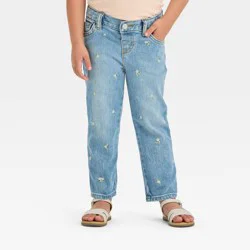 Toddler Girls' Embroidered Denim Pants - Cat & Jack™ Blue 3T: Stretch Cotton, Adjustable Waist, Straight Leg, Floral Pattern, Machine Washable