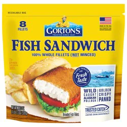 Gortons Breaded Fish Sandwich Cut From 100% Whole Fillets, Wild Caught Alaskan Pollock, Frozen, 8 Count, 18.3 Ounce Resealable Bag